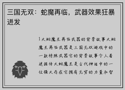 三国无双：蛇魔再临，武器效果狂暴迸发